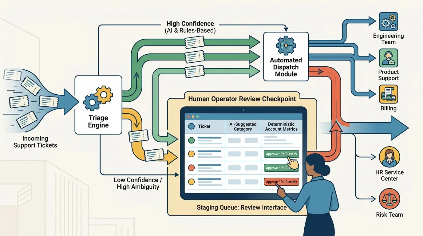 User workflow diagram illustrating human operator review checkpoint for low-confidence ticket classifications.