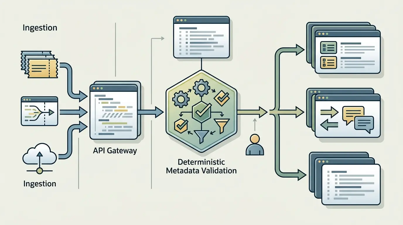 Architectural diagram showing ingestion of inbound tickets, deterministic validation layer, and conditional routing dispatch.