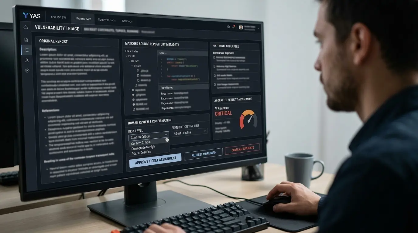 Security analyst interface displaying compiled report context with human decision controls.