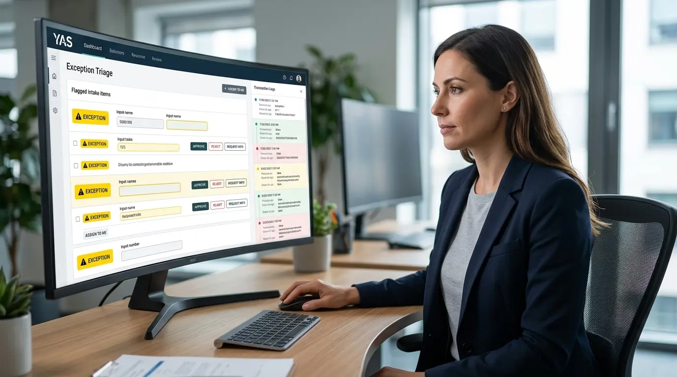 Operations-Spezialist prüft eine Warteschlange zur Fehlersortierung mit individuellen Genehmigungselementen auf einem Software-Dashboard.