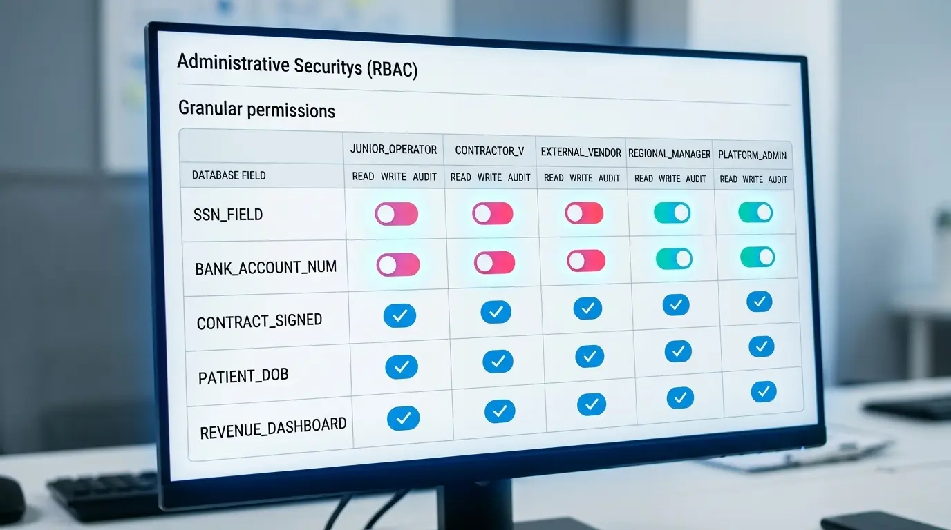Konfigurationsoberfläche einer Sicherheitsmatrix mit granularen Berechtigungsschaltern auf Feldebene über verschiedene Benutzerrollen hinweg.