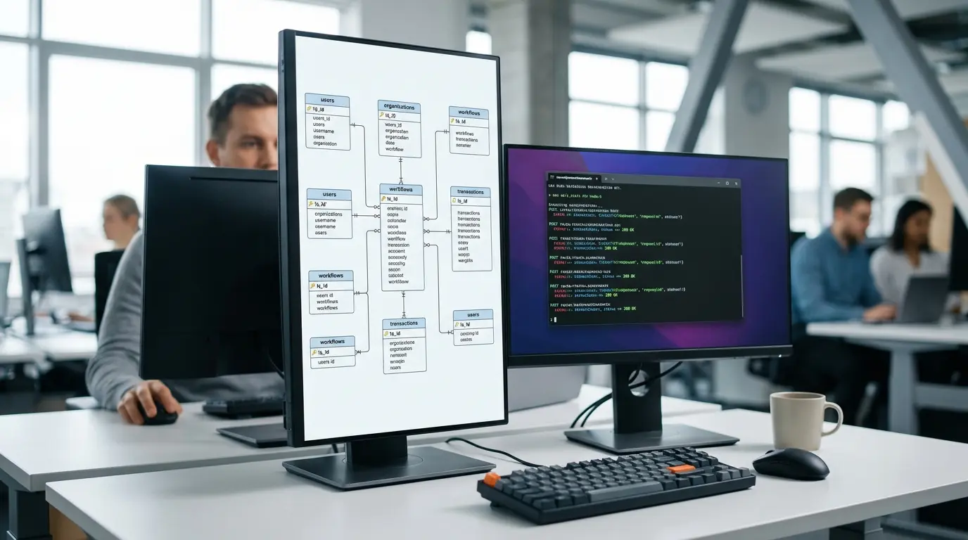 Architekturdiagramm auf einem Entwicklermonitor, das ein einheitliches Datenbankschema zeigt, das mit spezialisierten API-Diensten verbunden ist.