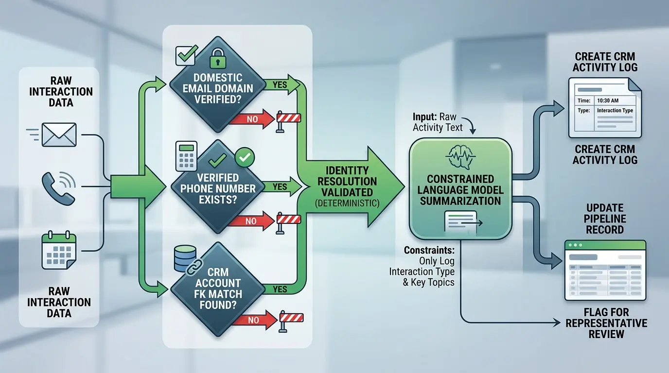 Flowchart showing deterministic validation gates preceding constrained language model summarization.