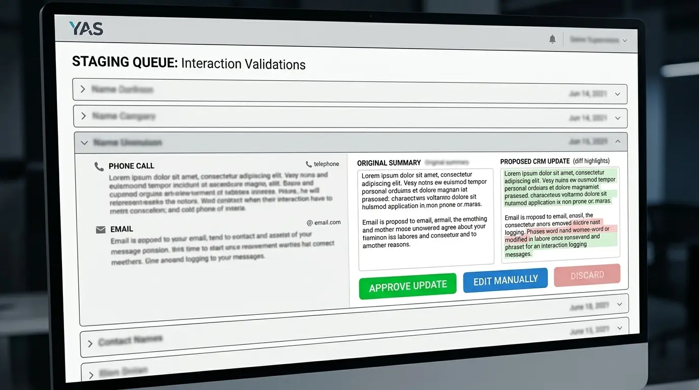 User interface wireframe of a staged approval queue where a representative confirms extracted interaction summaries.
