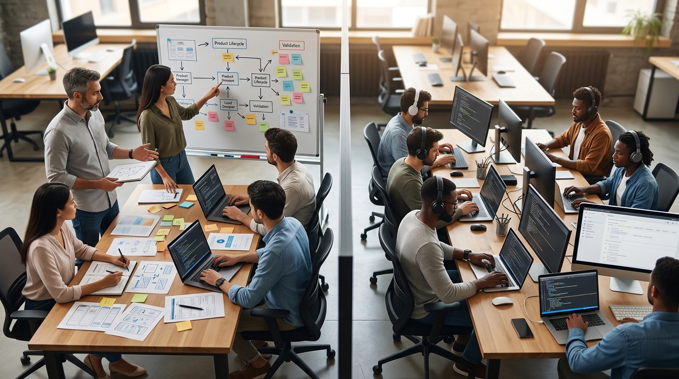 Organizational chart comparing product-led teams with engineering-only agency teams