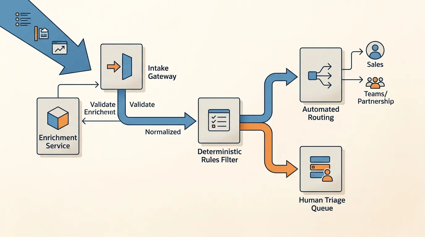 Architectural block diagram showing inbound payload ingestion and routing