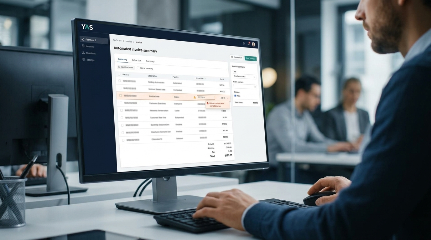 An interface showing a human operator reviewing an AI-generated invoice summary.