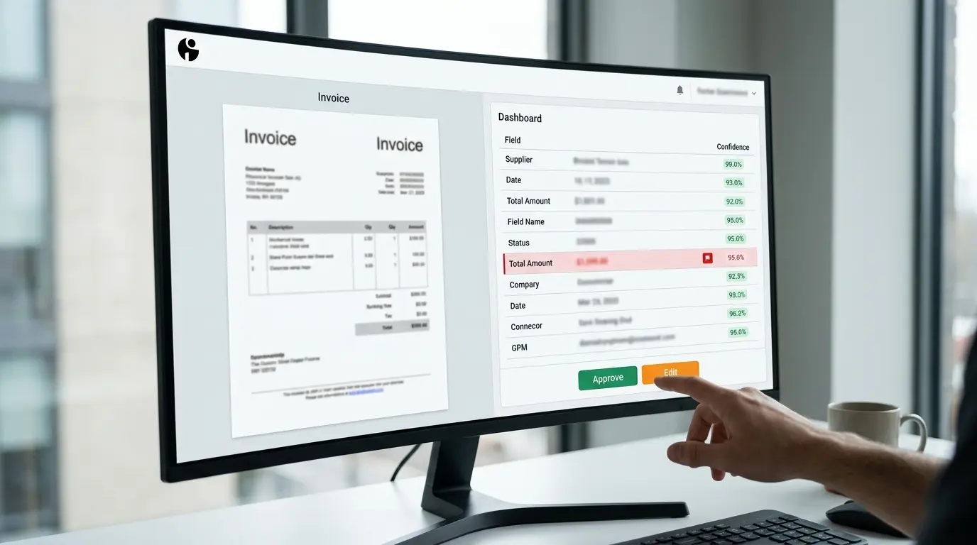 Operational human-in-the-loop dashboard displaying extracted invoice data alongside confidence scores and approval buttons.