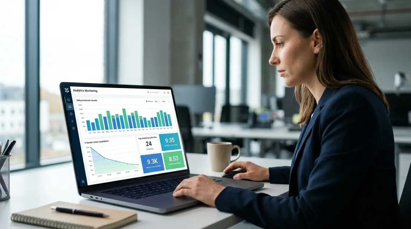 Analytics monitoring dashboard illustrating straight-through processing rates and workflow execution cycle times.