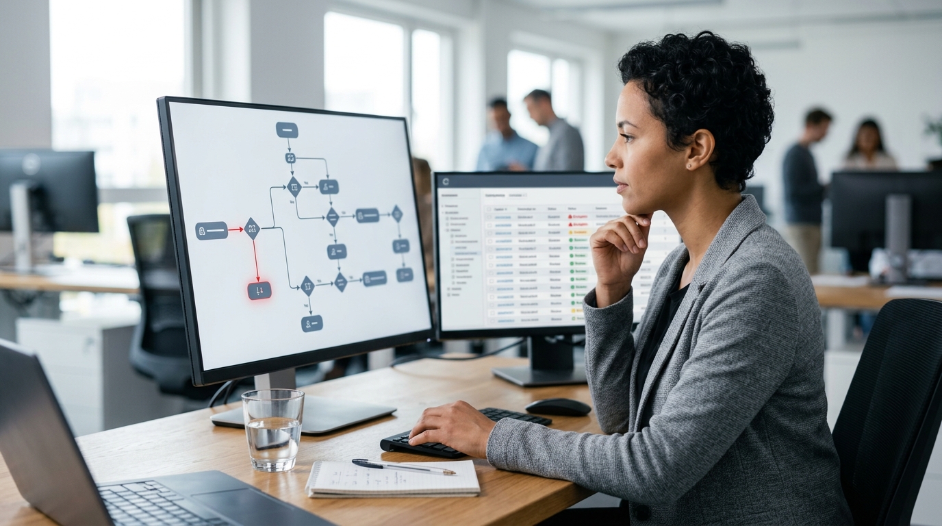 A flowchart demonstrating how an automated workflow routes errors to a manual review queue.