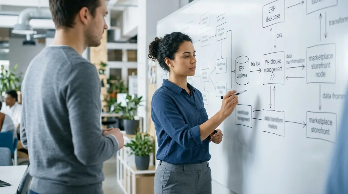 Systemintegrations-Ablauf zwischen ERP, Lagerverwaltung und E-Commerce-Storefronts