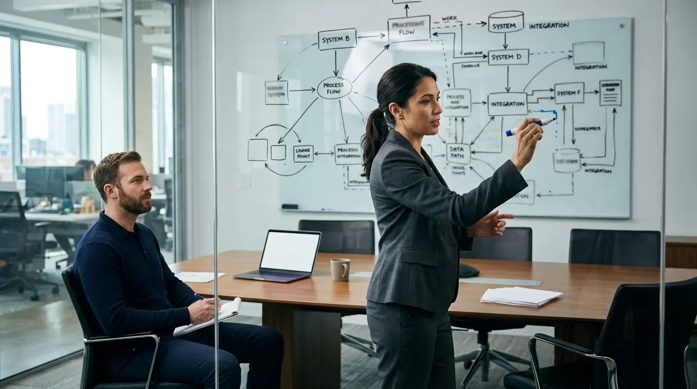 Architektonische Prozesslandkarte auf einem Whiteboard wahrend einer operativen Beratungssitzung