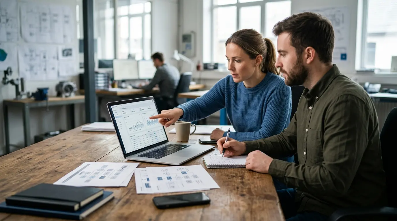 Ein kleines Operations-Team analysiert strukturierte Systemkennzahlen am Arbeitsplatz