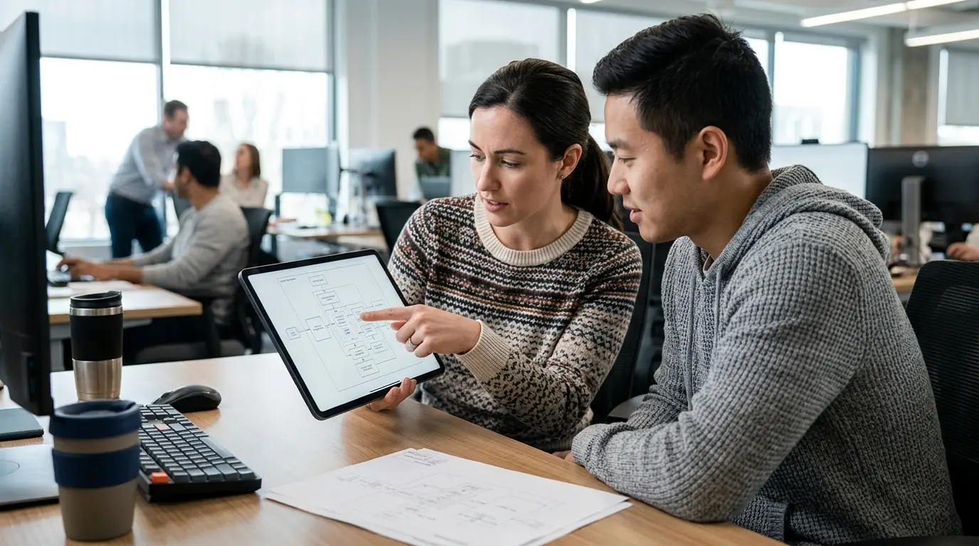 Two engineers examining database integration specifications and architectural diagrams on a tablet screen.