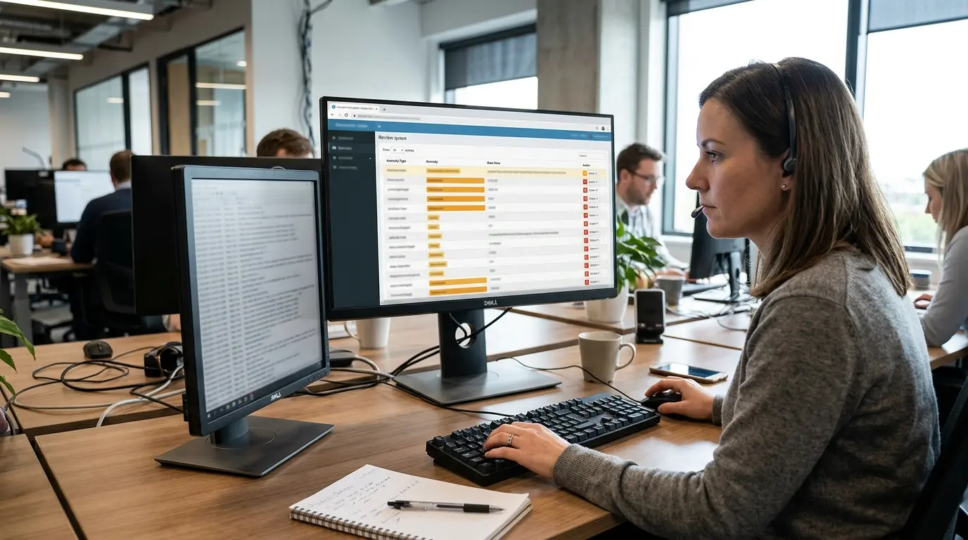 A desktop monitor displaying a structured exception handling queue with incoming data fields flagged for human review.