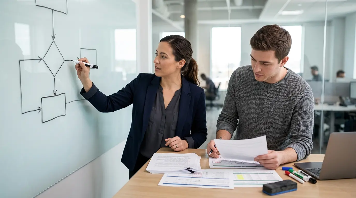 An operations lead drawing workflow steps and decision branches on a physical whiteboard beside technical team members.