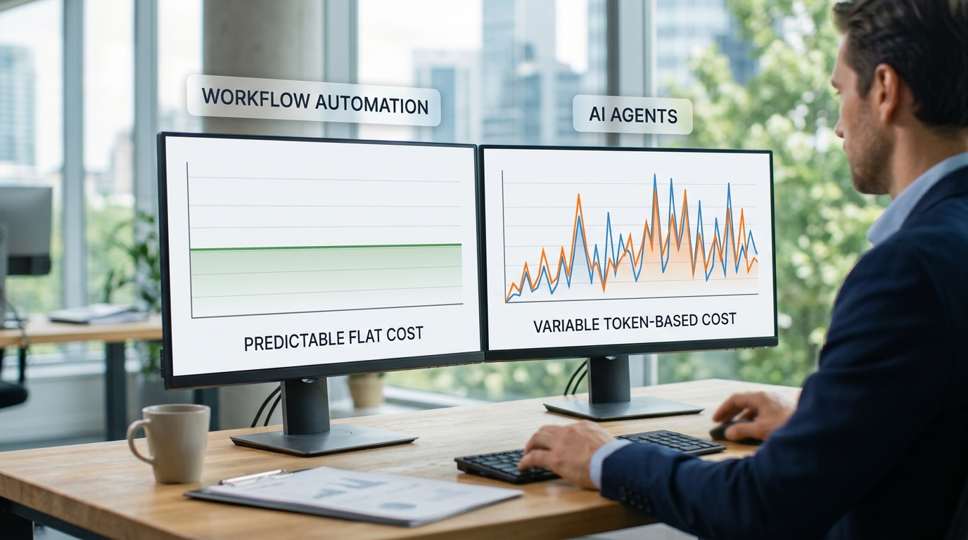 Graph comparing the predictable flat cost of workflow automation with the variable token-based cost of AI agents