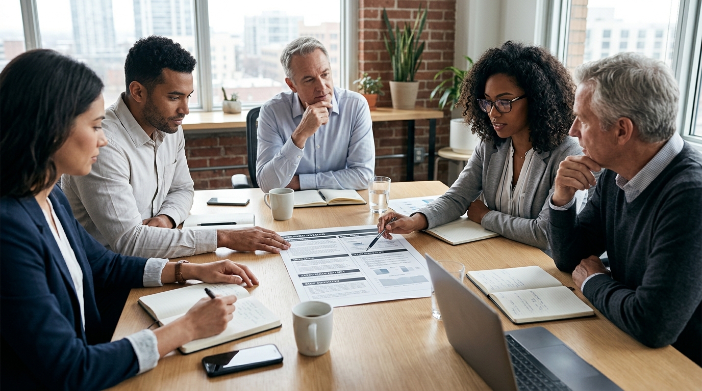 A structured technical decision record showing acceptance and stop criteria