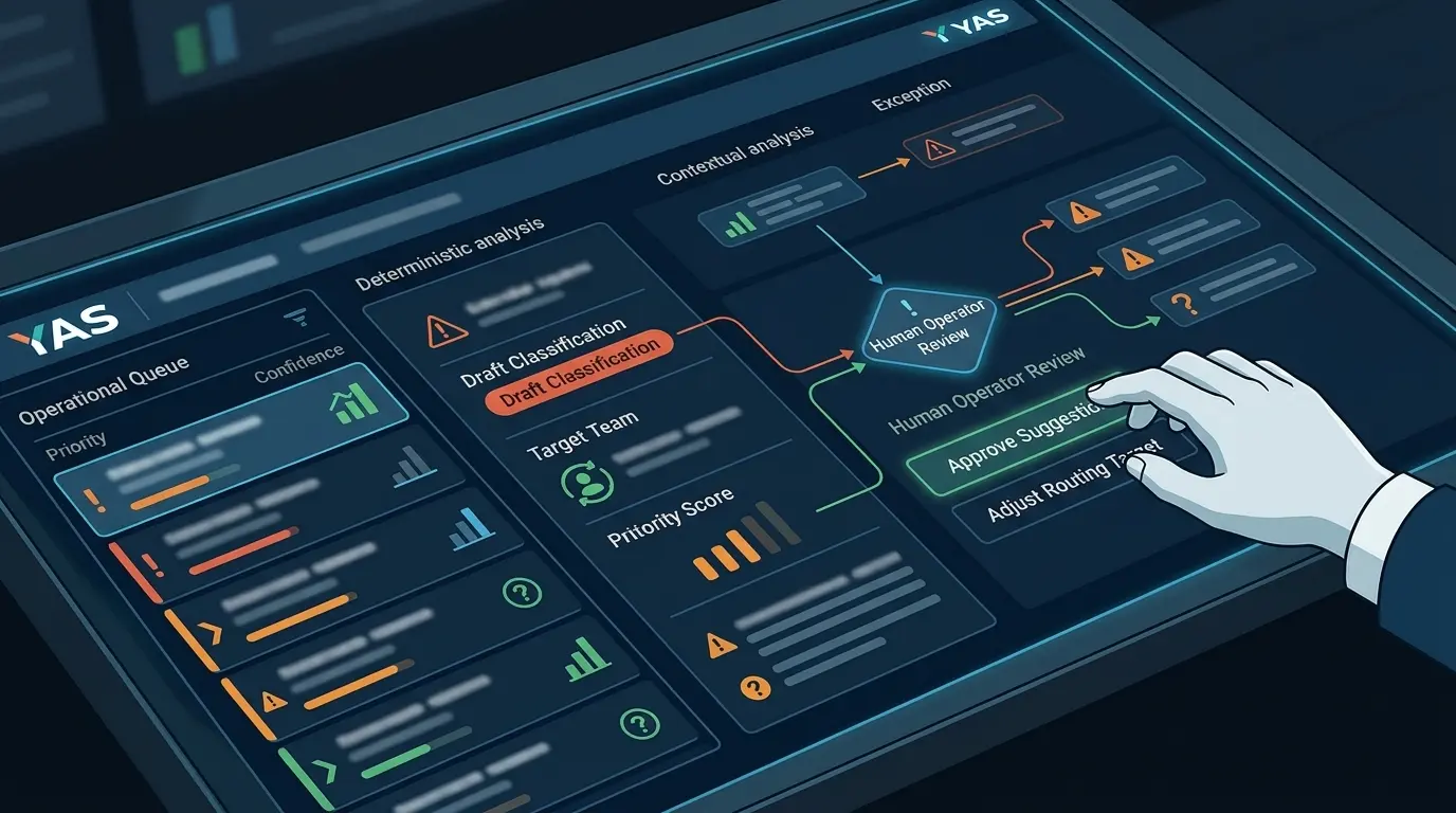 Interface schematic showing human-in-the-loop review for high-risk escalations