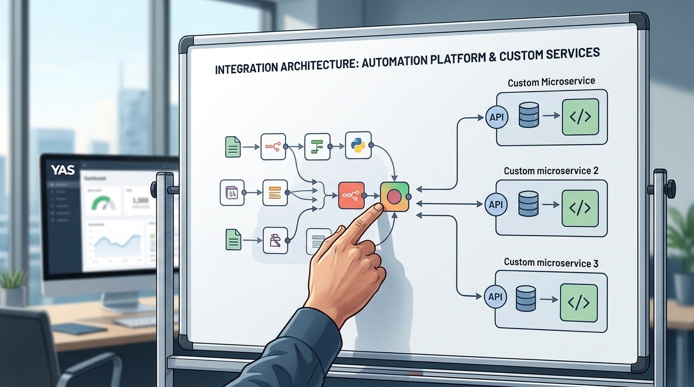 An architectural diagram illustrating the integration of an automation platform with custom services