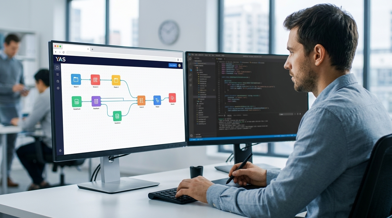 A visual workflow editor interface showing connected nodes representing data steps