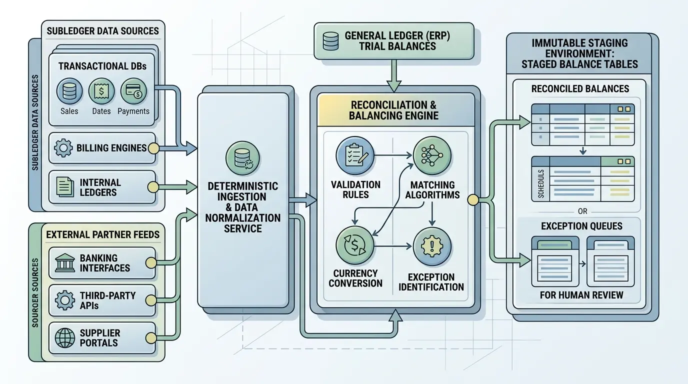 Diagram of deterministic financial data extraction and subledger reconciliation pipeline