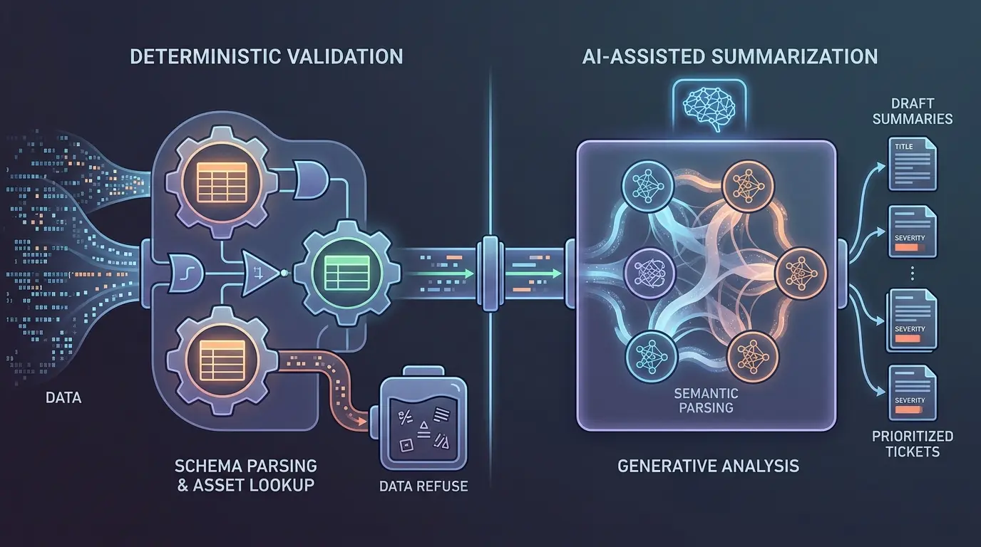 Technical workflow depicting deterministic validation filtering incoming data before AI-assisted summarization