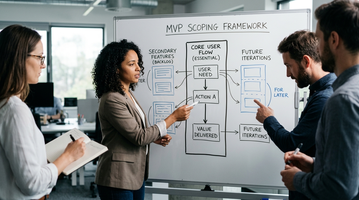 Diagram showing the MVP scoping framework prioritizing core features over secondary features