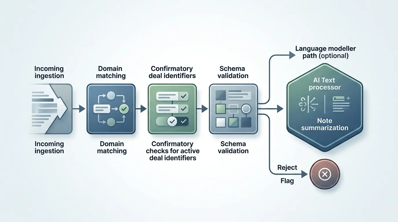 Flowchart illustrating deterministic matching checks preceding language model note synthesis