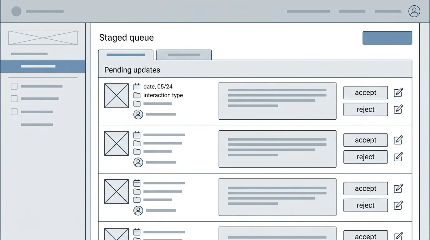 Wireframe diagram of an asynchronous review interface presenting drafted updates for operator approval