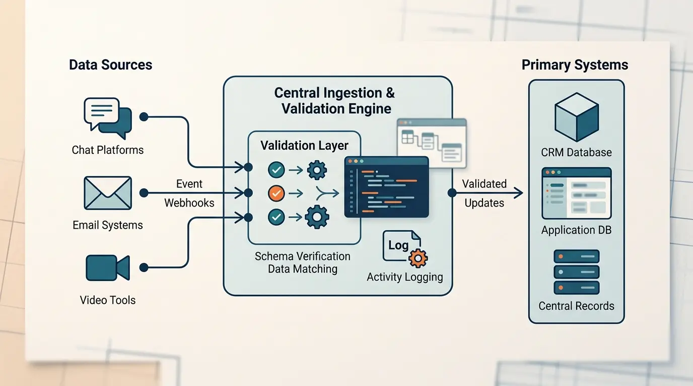 Architectural diagram showing ingestion of communication events into a central validation engine