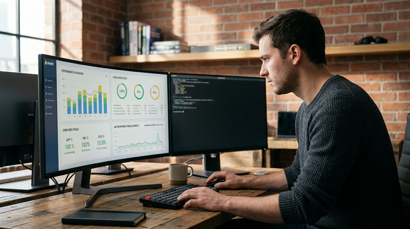 Performance dashboard showing optimized Core Web Vitals and low latency API response times.