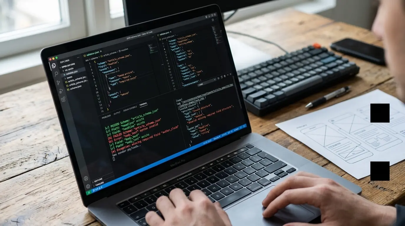 Code editor interface displaying programmatic validation rules and schema verification logs for generated text.