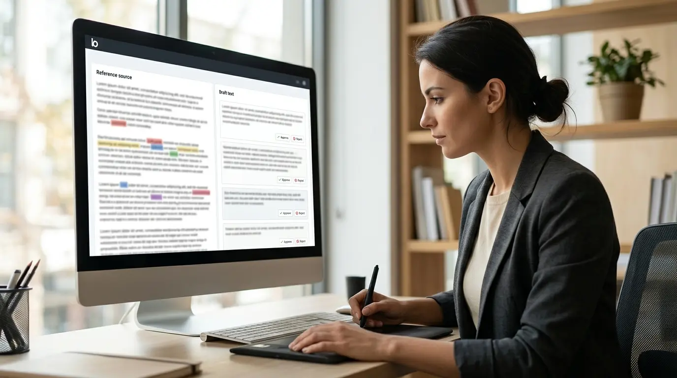 Custom review workbench interface displaying side-by-side source data and generated draft text for editor approval.