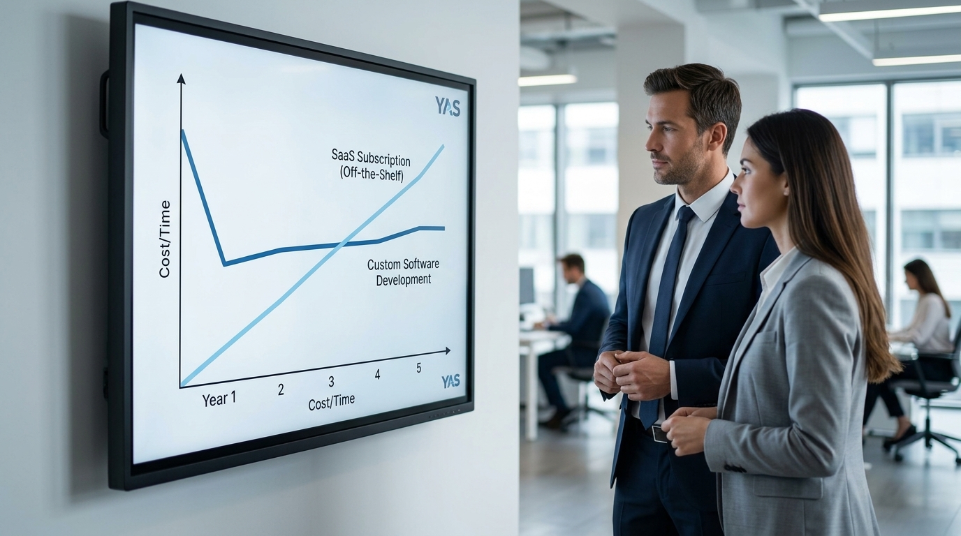 A graph comparing the cost trajectories of SaaS subscriptions versus custom software development over a multi-year period.