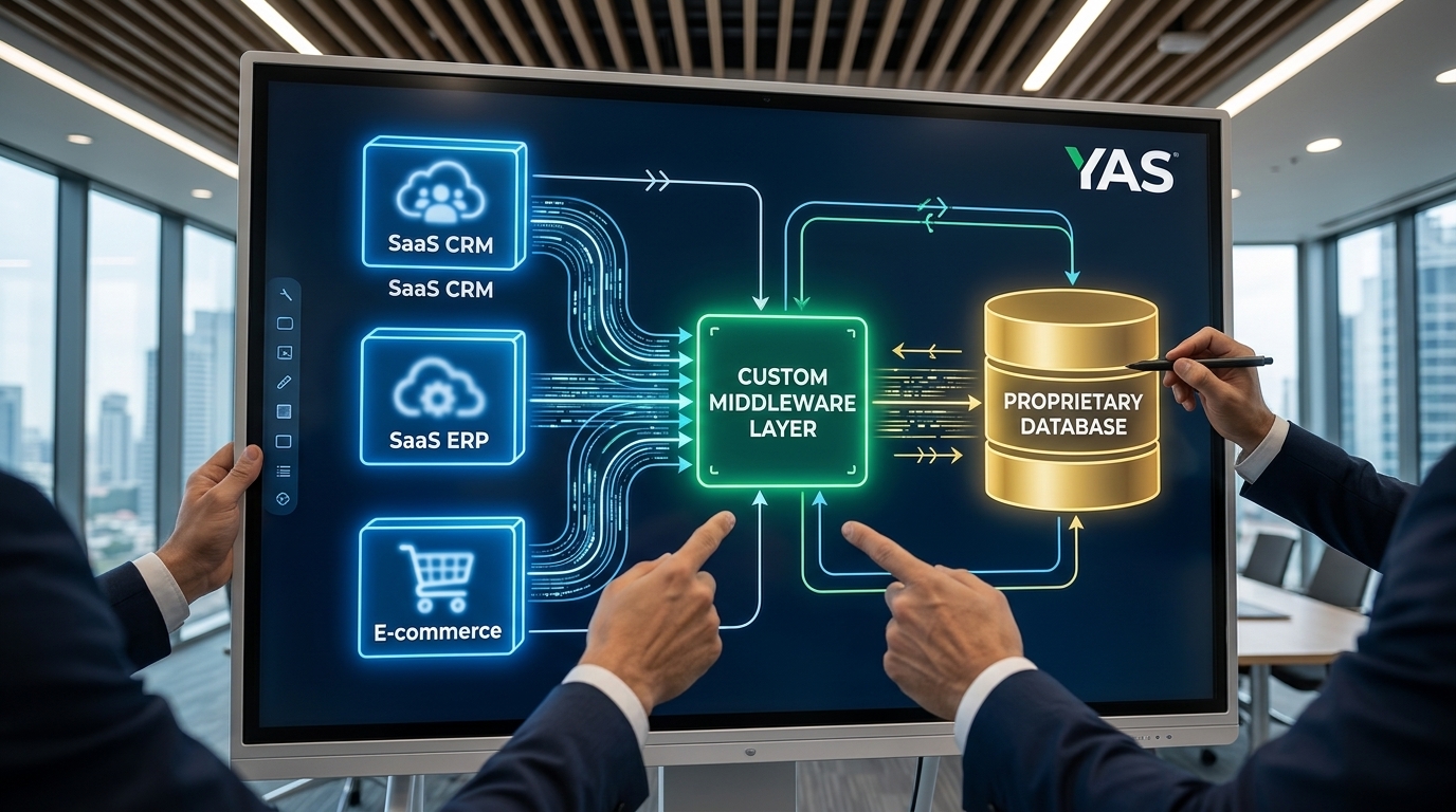 A technical diagram illustrating custom middleware connecting off-the-shelf SaaS tools with a central database.