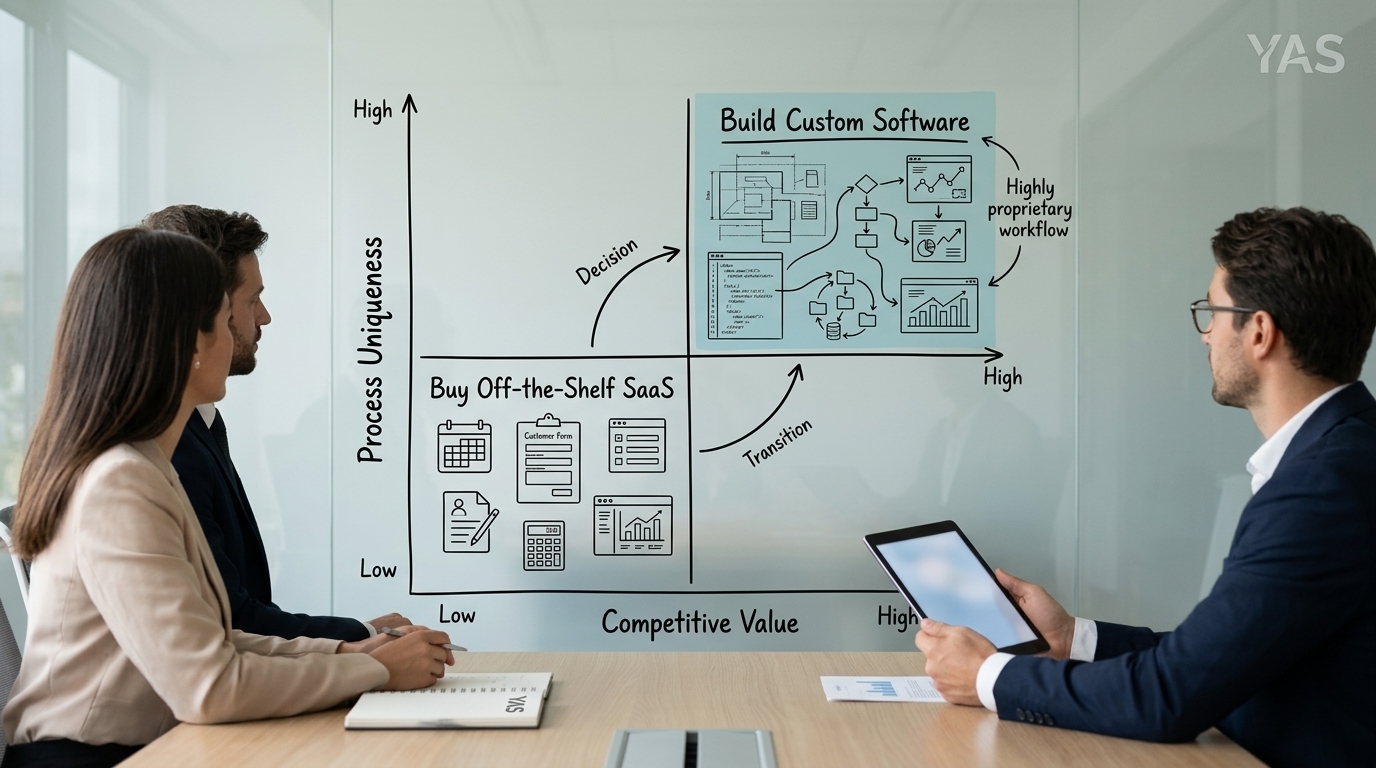 A matrix diagram showing when to buy SaaS for standard tasks and build custom software for core value drivers.