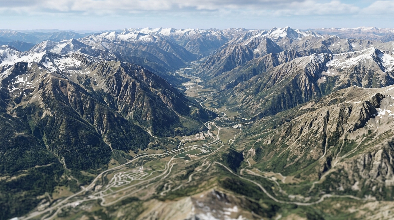 3D geospatial view of a mountain valley and surrounding peaks