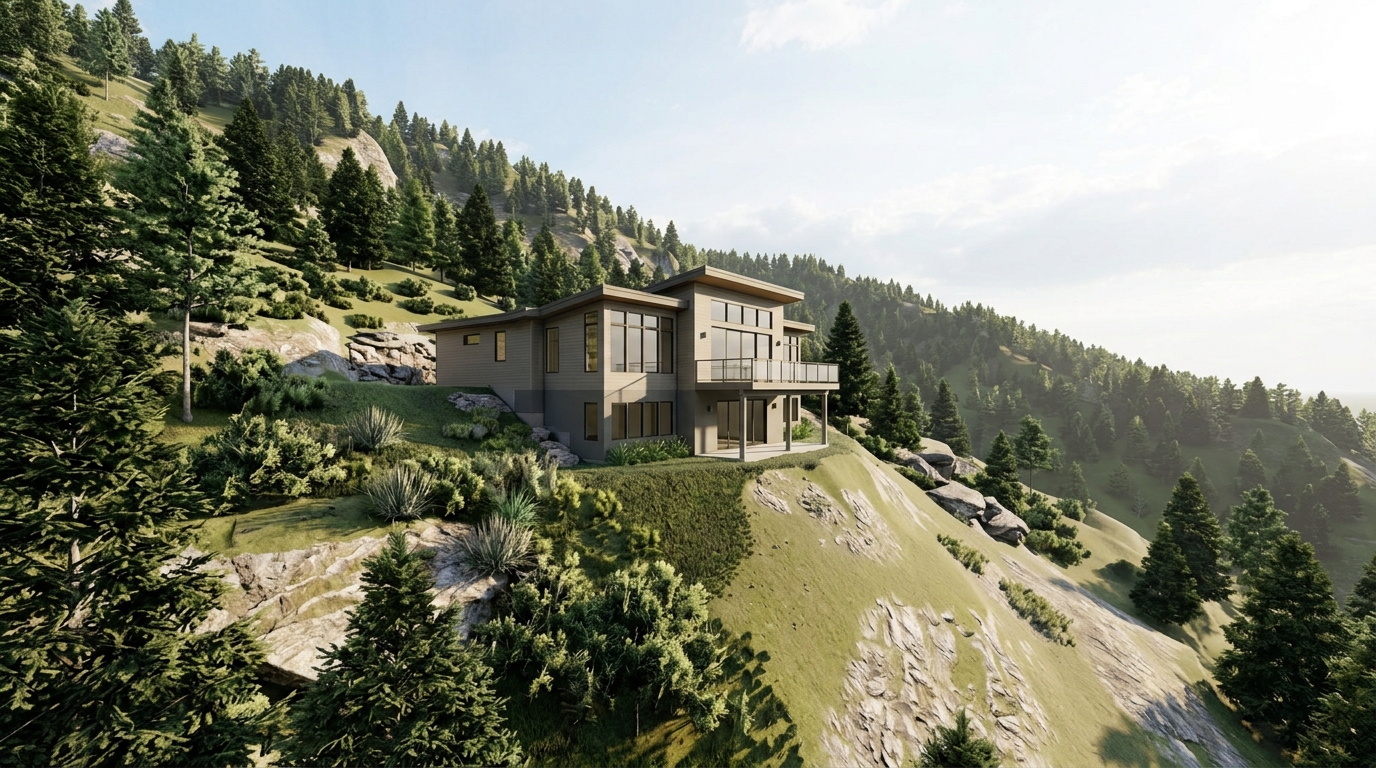 Detailed 3D visualization of a mountain home situated on a sloped terrain