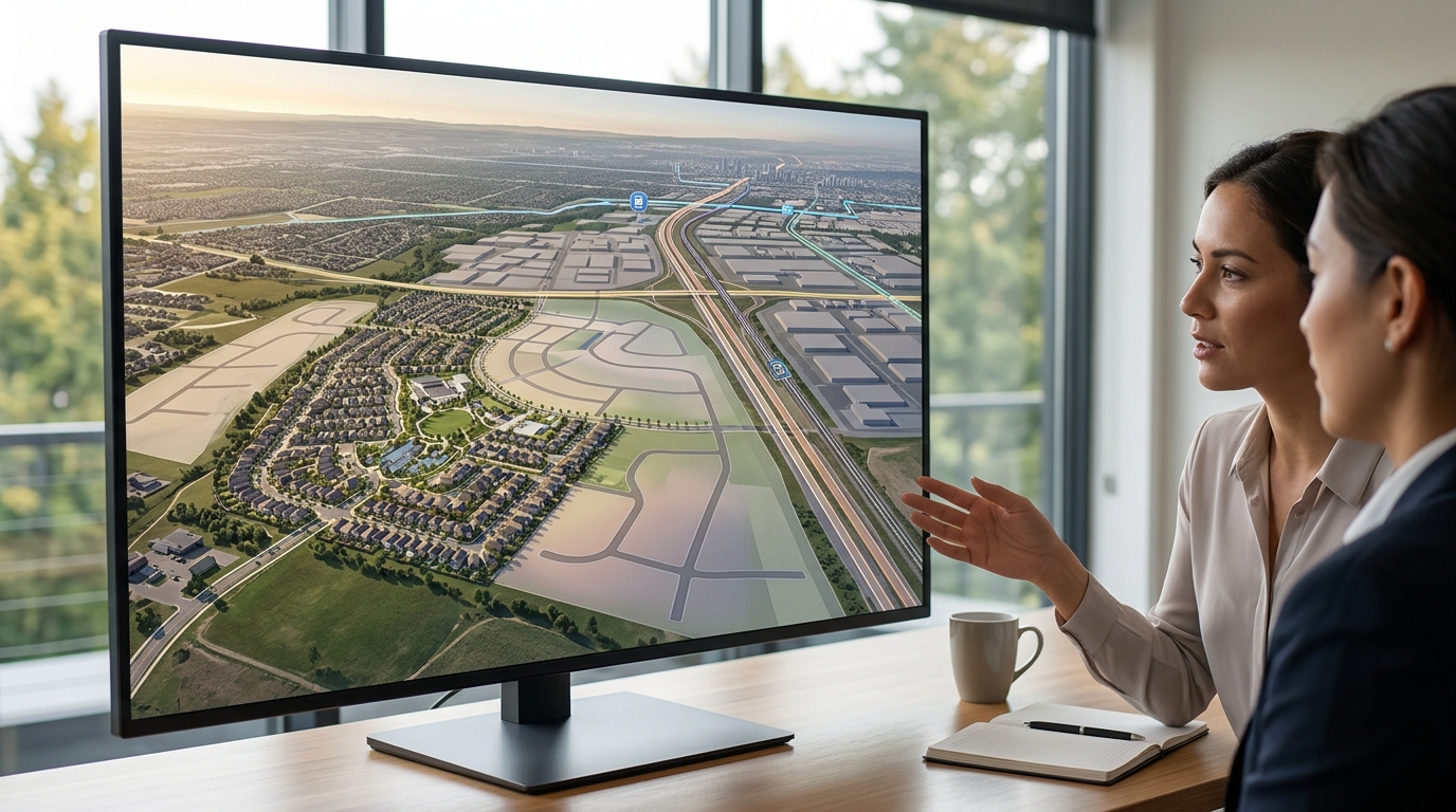 Visualización aérea en 3D de las carreteras regionales circundantes y las conexiones de transporte