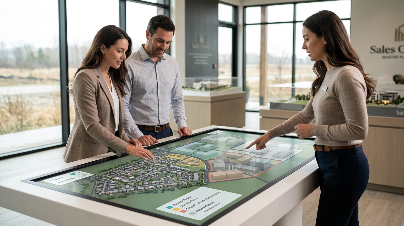 Mapa interactivo en 3D de una comunidad planificada que muestra los límites del desarrollo por fases