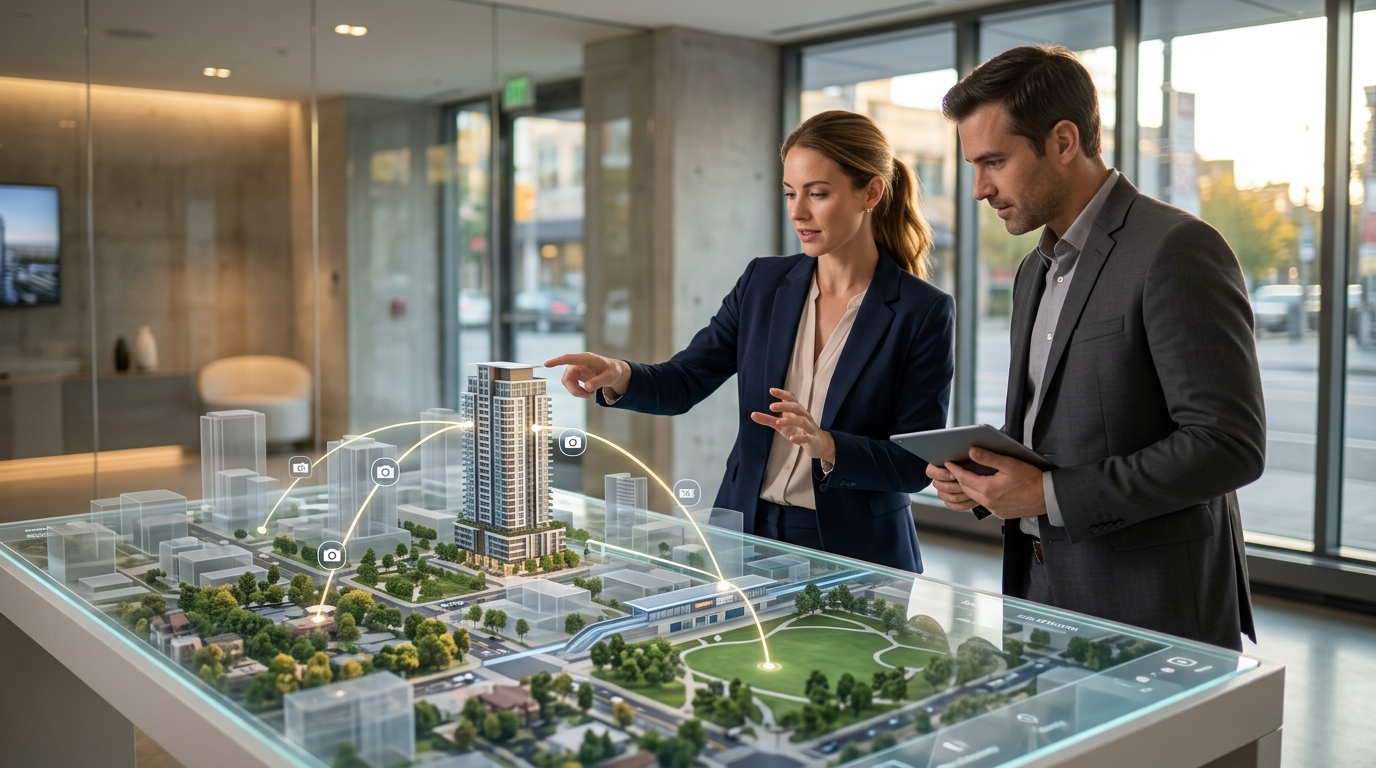 Eine interaktive 3D-Kartenoberfläche, die ein geplantes Eigentumswohnungsgebäude mit programmierten Kamerapfaden zu nahe gelegenen Verkehrsmitteln und Parks zeigt.