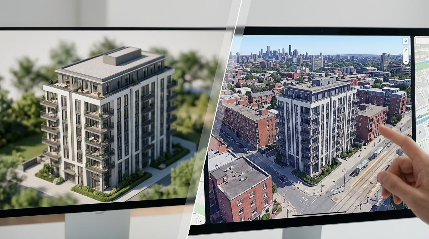 Ein Vergleich, der ein isoliertes architektonisches Rendering neben einem fotorealistischen 3D-Geodatenmodell desselben Gebäudes im realen Kontext der Nachbarschaft zeigt.