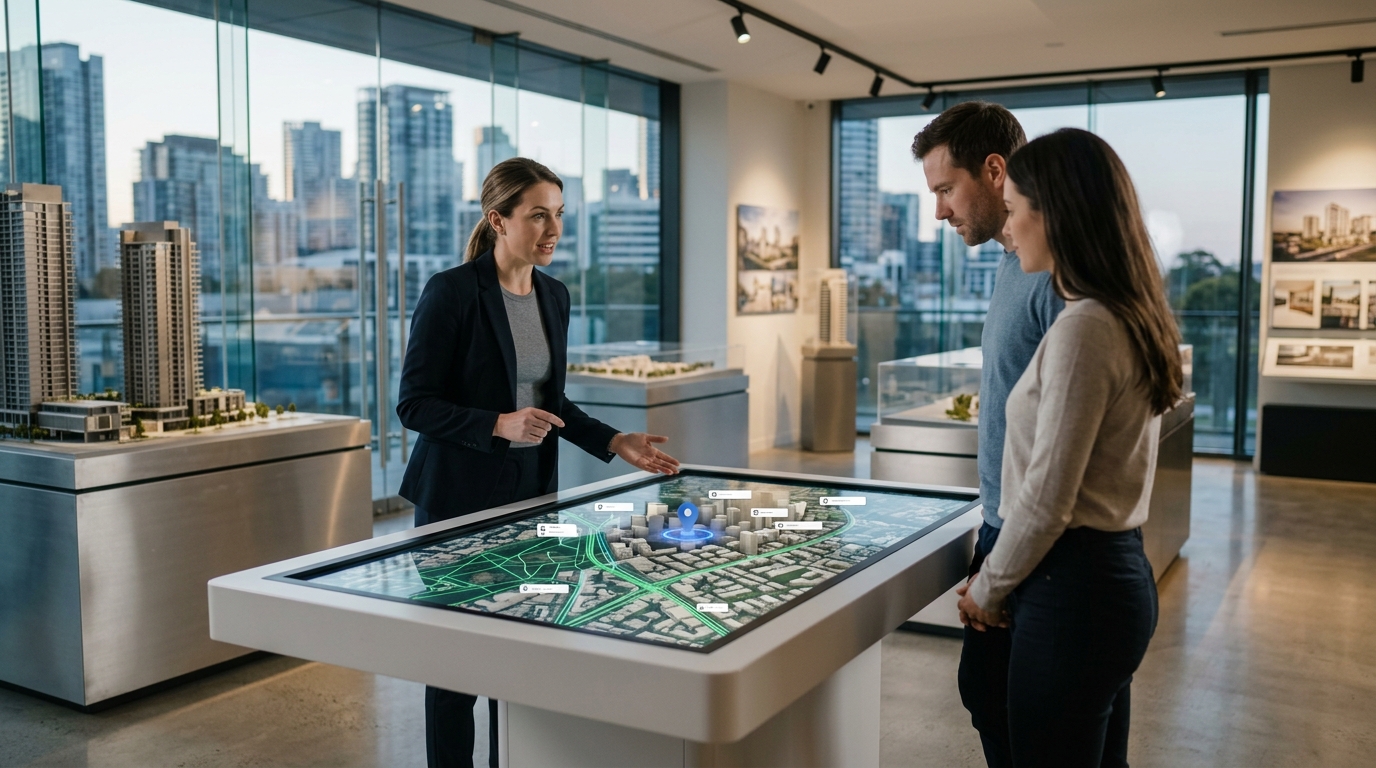 Ein moderner Immobilien-Showroom mit einem großen Touchscreen, der potenziellen Käufern eine interaktive 3D-Standort-Story zeigt.