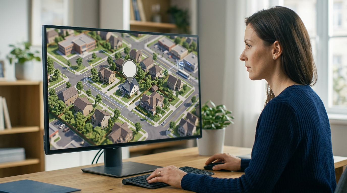 Eine interaktive 3D-Karte, die eine Wohnimmobilie und den Kontext ihrer umliegenden Nachbarschaft zeigt