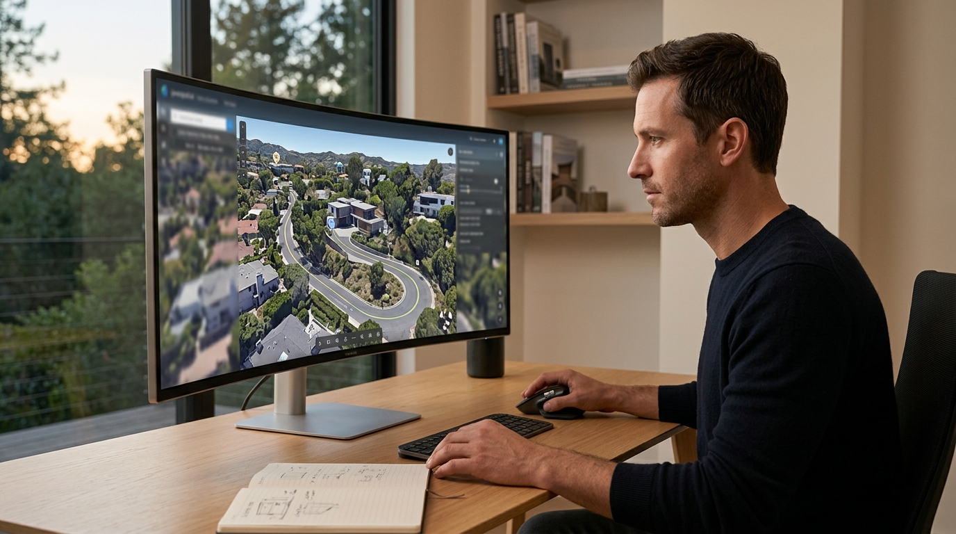 Eine simulierte Ankunftsroute, die die Zufahrt zu einem Luxushaus mithilfe von Geodaten zeigt