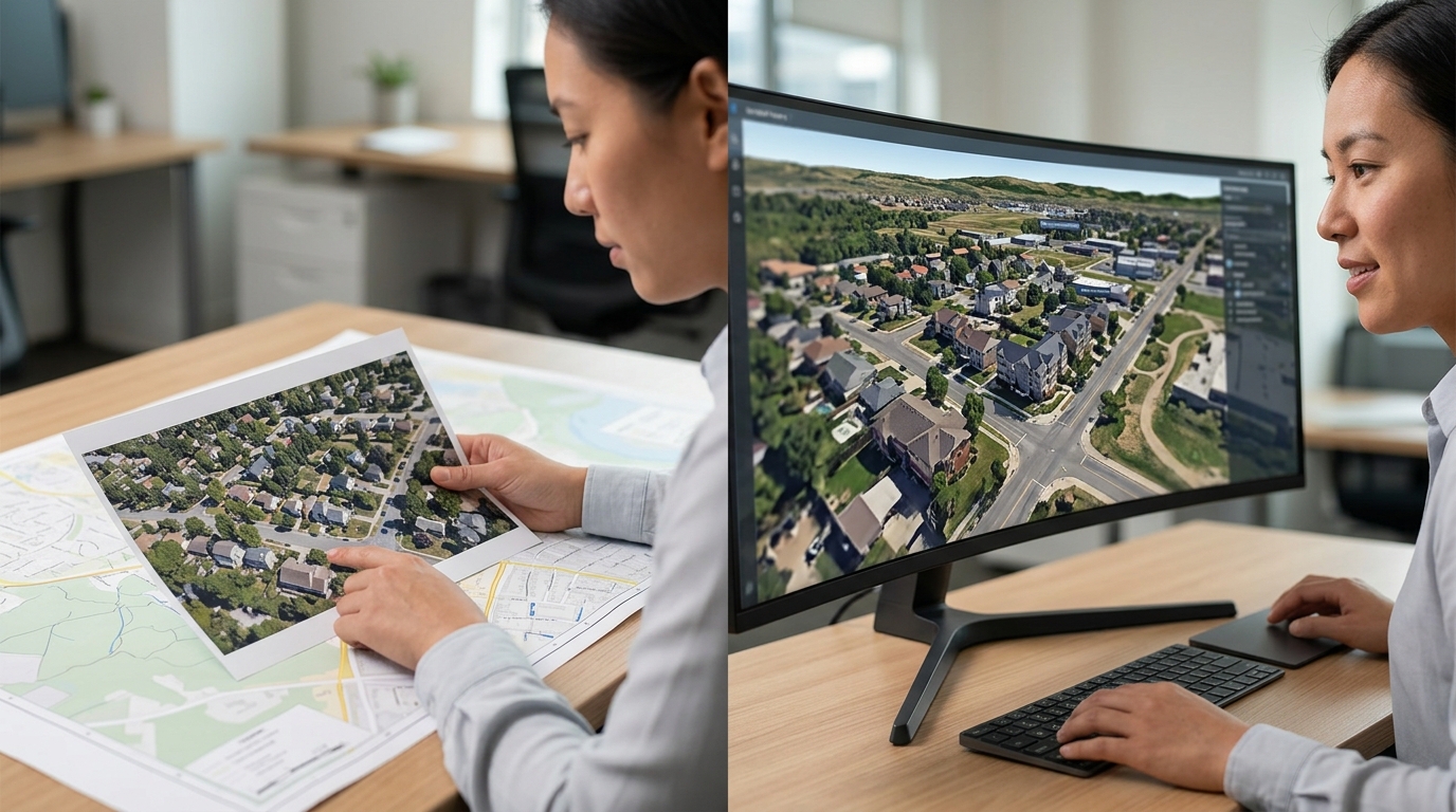 Ein Vergleich zwischen einem statischen Drohnenfoto und einer interaktiven 3D-Geovisualisierung
