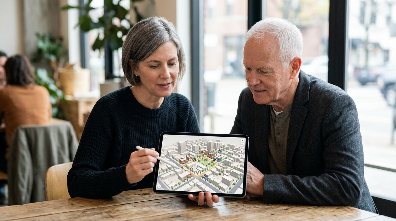 A tablet displaying an interactive 3D neighborhood story with curated local destinations