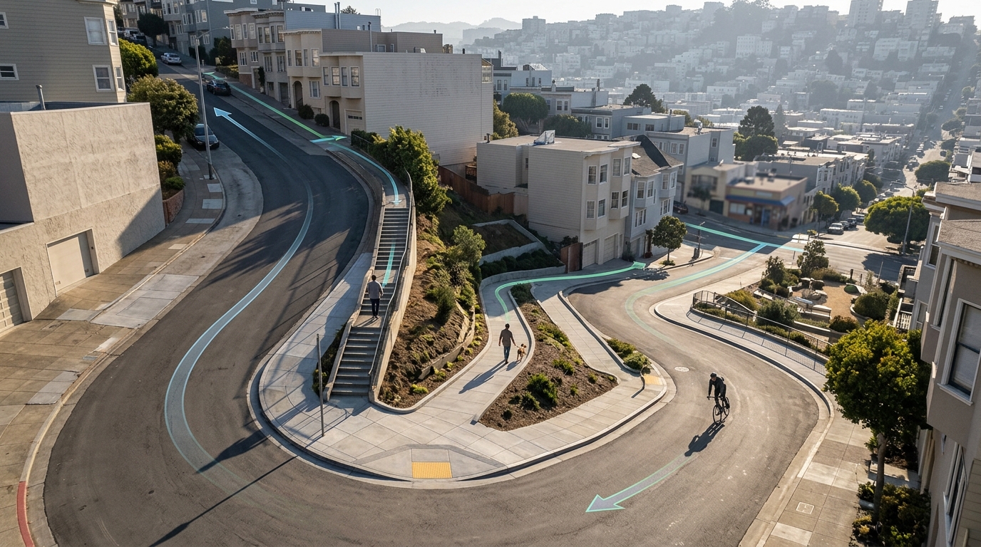 A 3D terrain view showing a steep neighborhood street with pedestrian routes