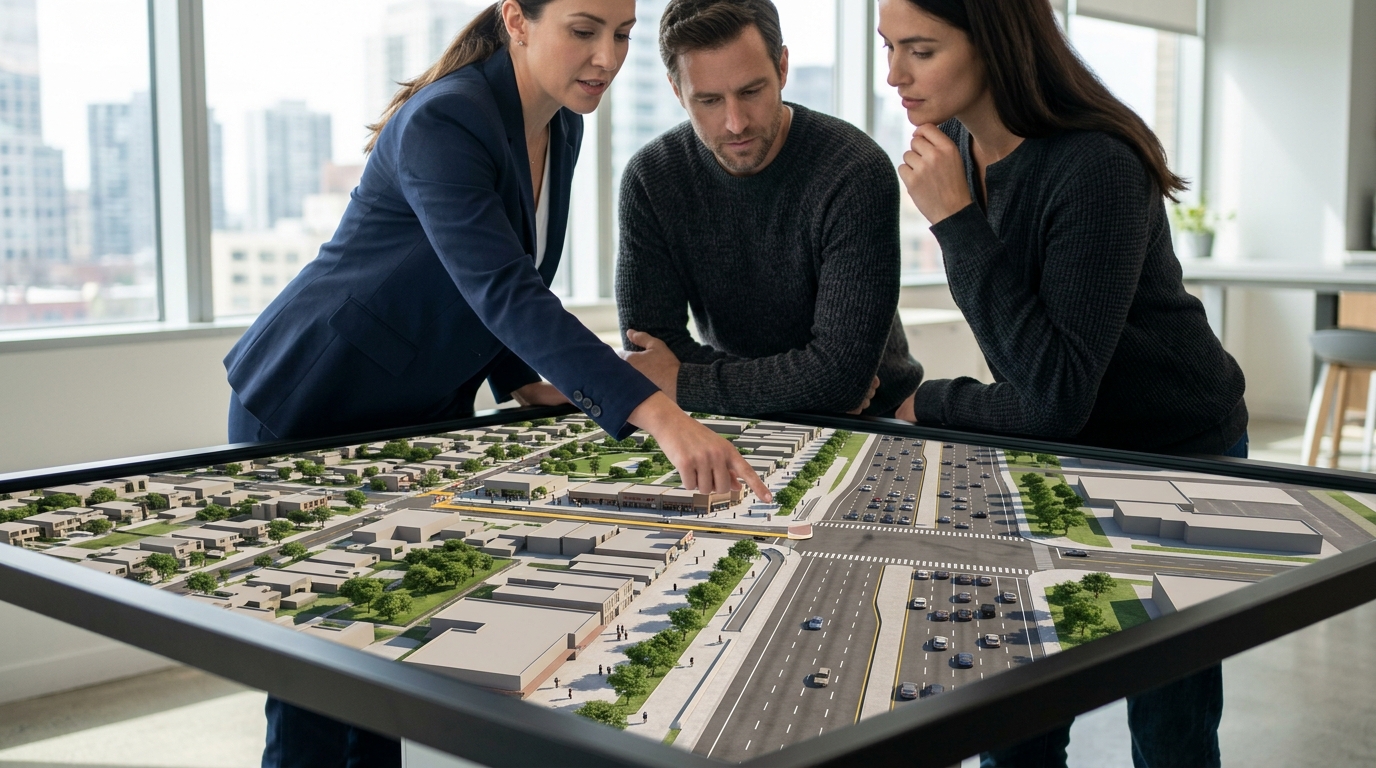 A 3D map rendering highlighting a pedestrian path blocked by a major road barrier